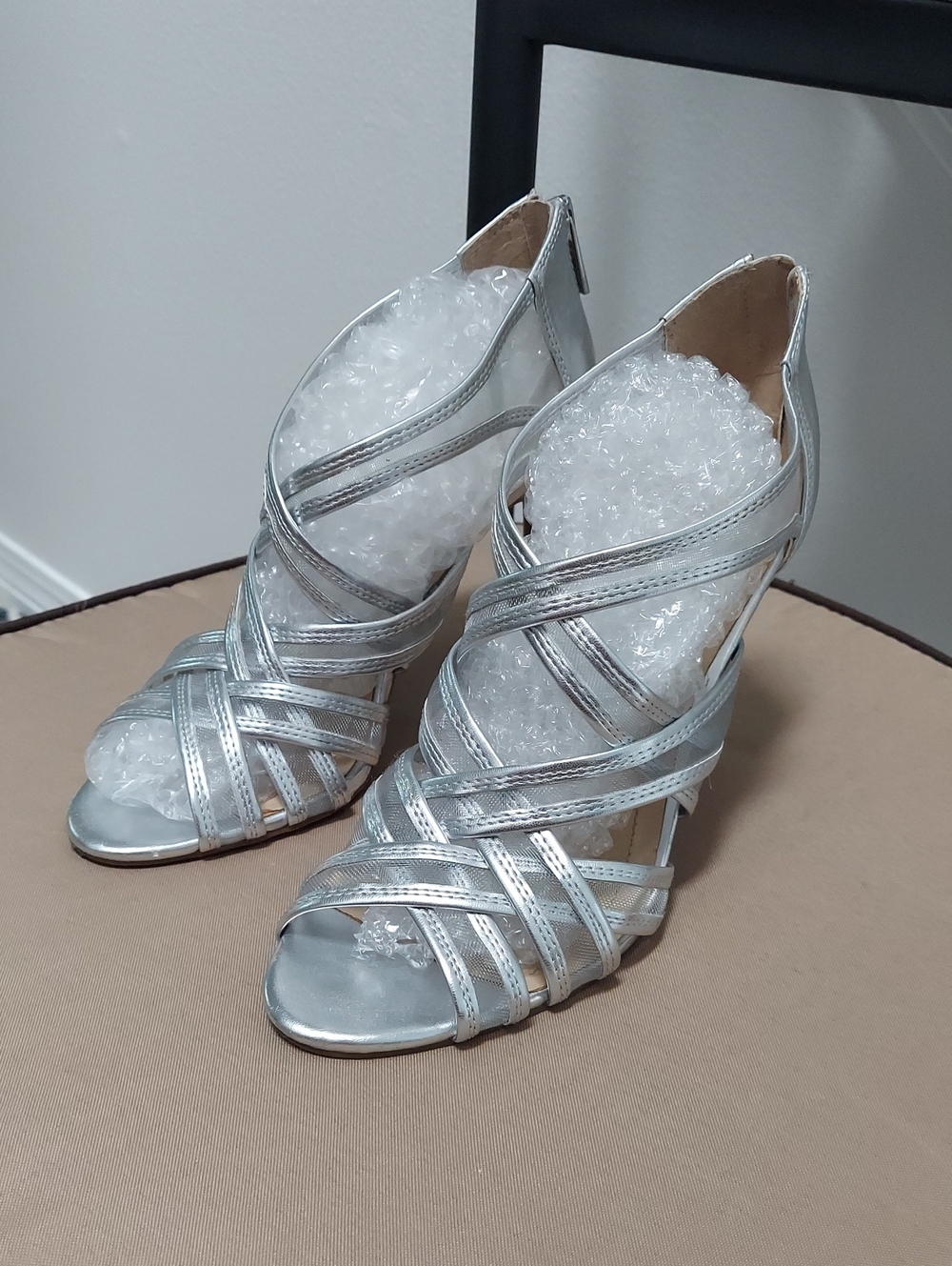 BCBG PARIS Shoes, Size 8, Silver Mesh Strappy, Stiletto Heels